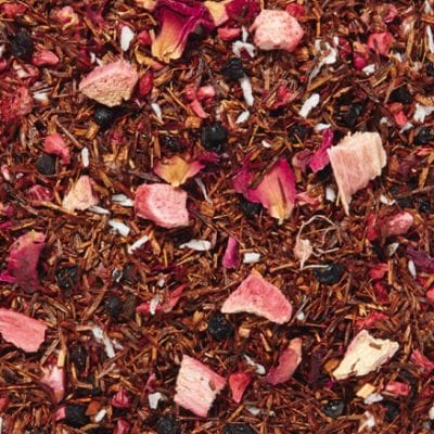 Rooibush Himbeer-Rhabarber – rubinrote Tasse mit Himbeeren