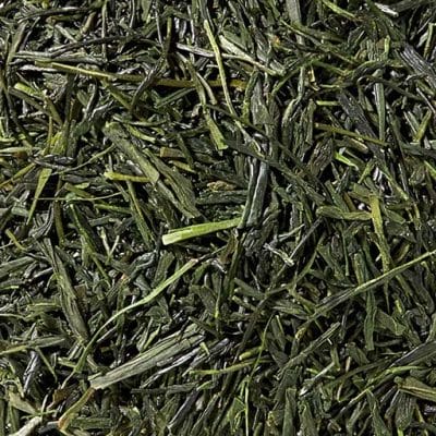 Japanischer Sencha Fuji mit leicht gebrochenem Blatt und hellgrüner Tasse auf hellem Untergrund